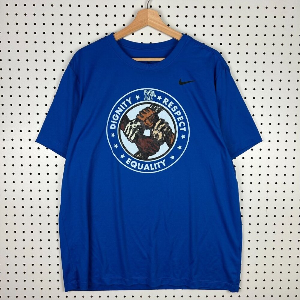 Memphis Tiger Basketball Nike T Shirt XL Dri Fit Blue Dignity Respect Equality‎